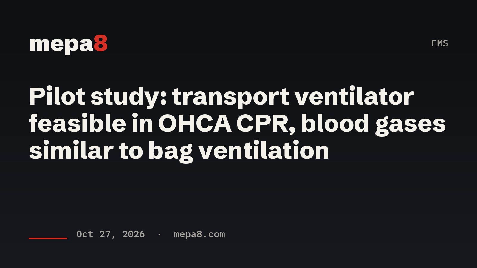 Mepa8 headline card: Pilot study: transport ventilator feasible in OHCA CPR, blood gases similar to bag ventilation